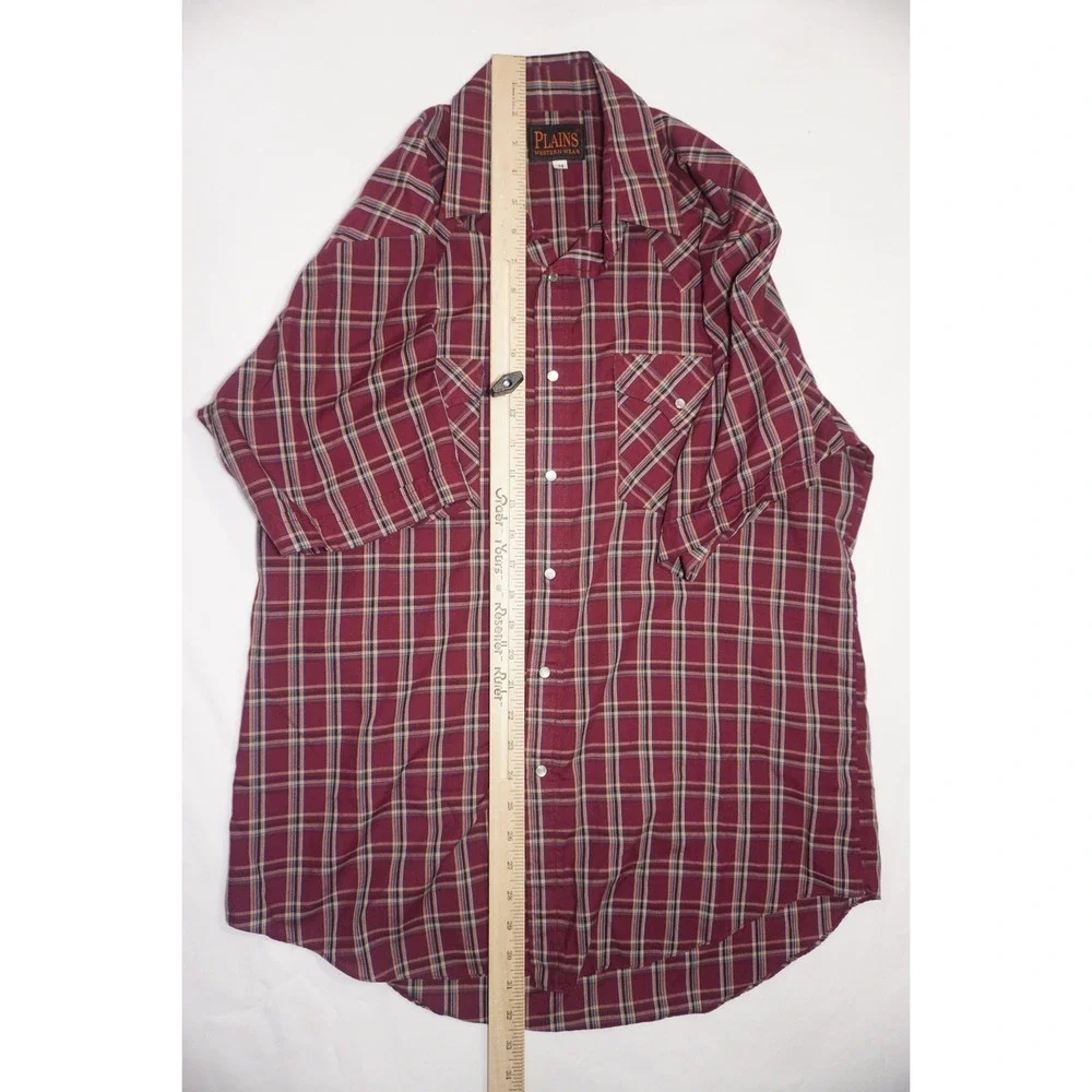 Plains Medium Burgundy Plaid Short Sleeve Pearl Snap Western Shirt